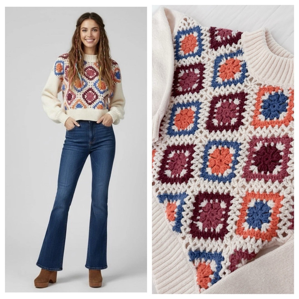 Debut Granny Square‎ Sweater Crochet Knit SMALL Cropped Ivory Cottage Core